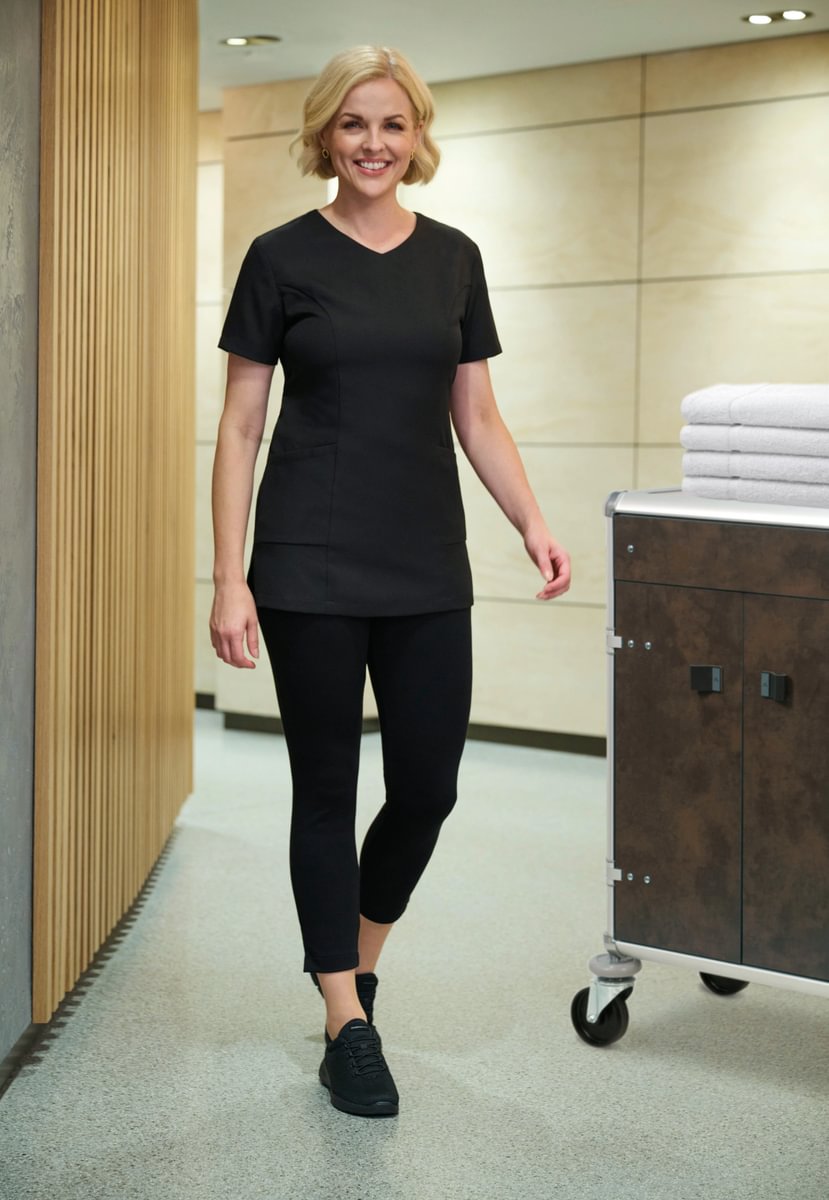 A smiling woman in a black tunic next to a cart with towels on