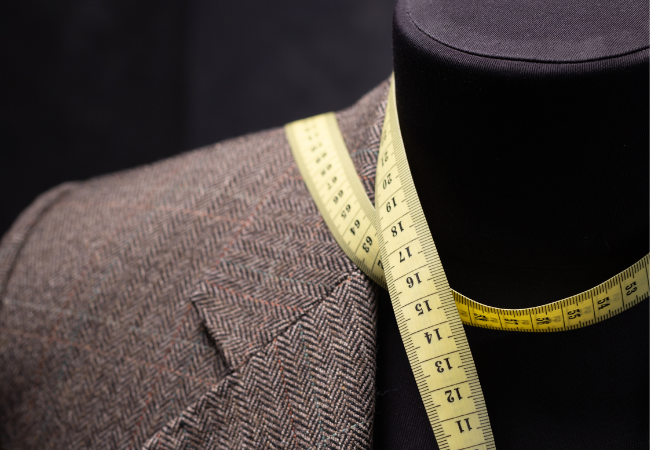 a suit jacket on a mannequin with measuring tape around the neck