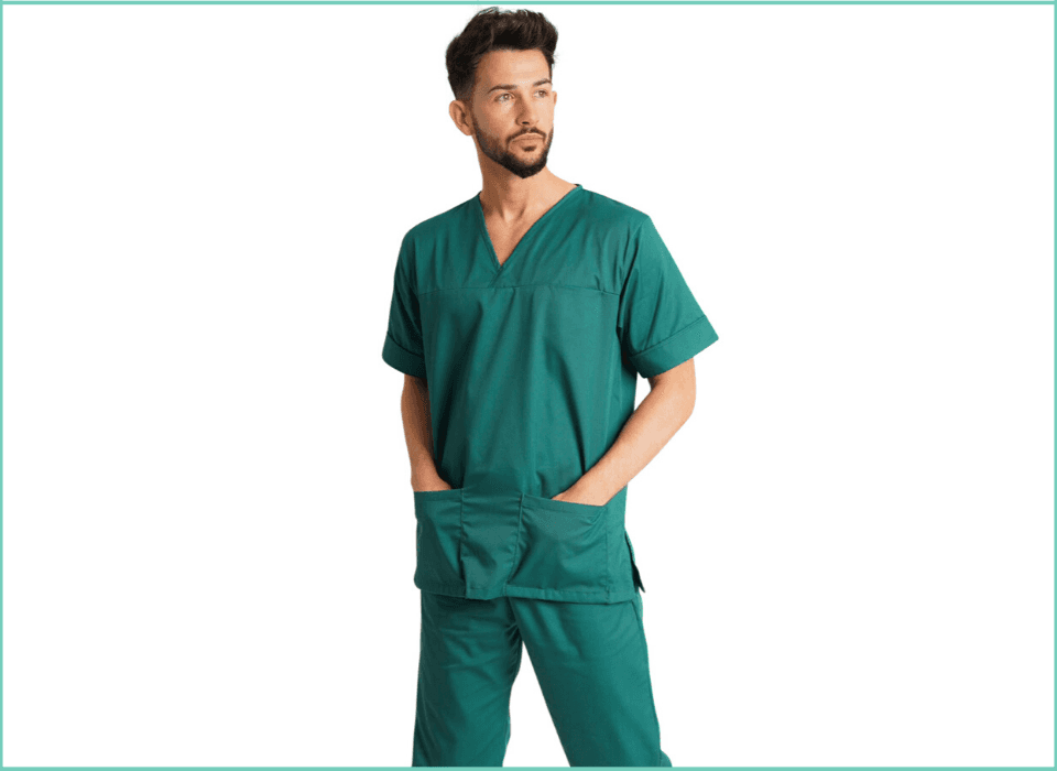 Man wearing green scrub top and trousers