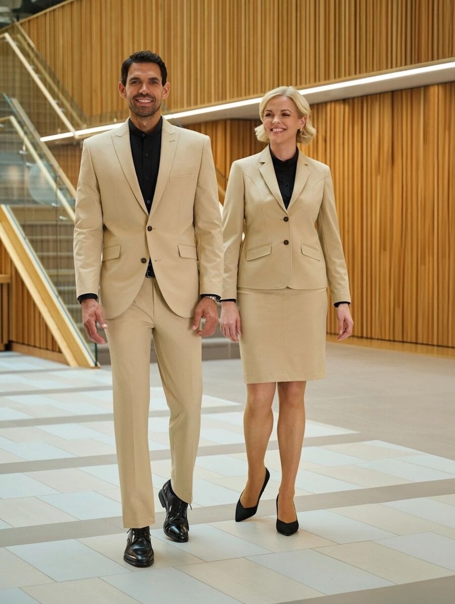 A man and a woman walking through an office in cream suits